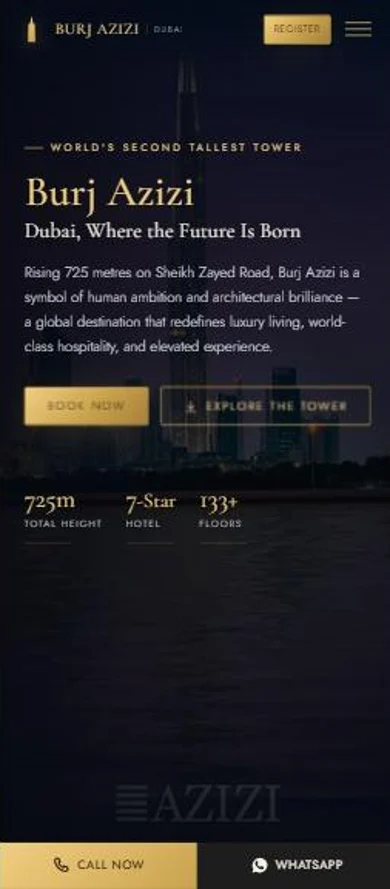 The burjazizidubai.com website on a mobile phone