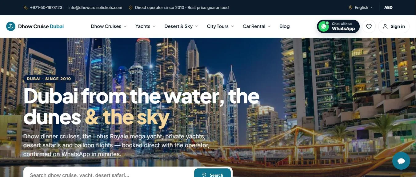 The dhowcruisetickets.com website on a desktop